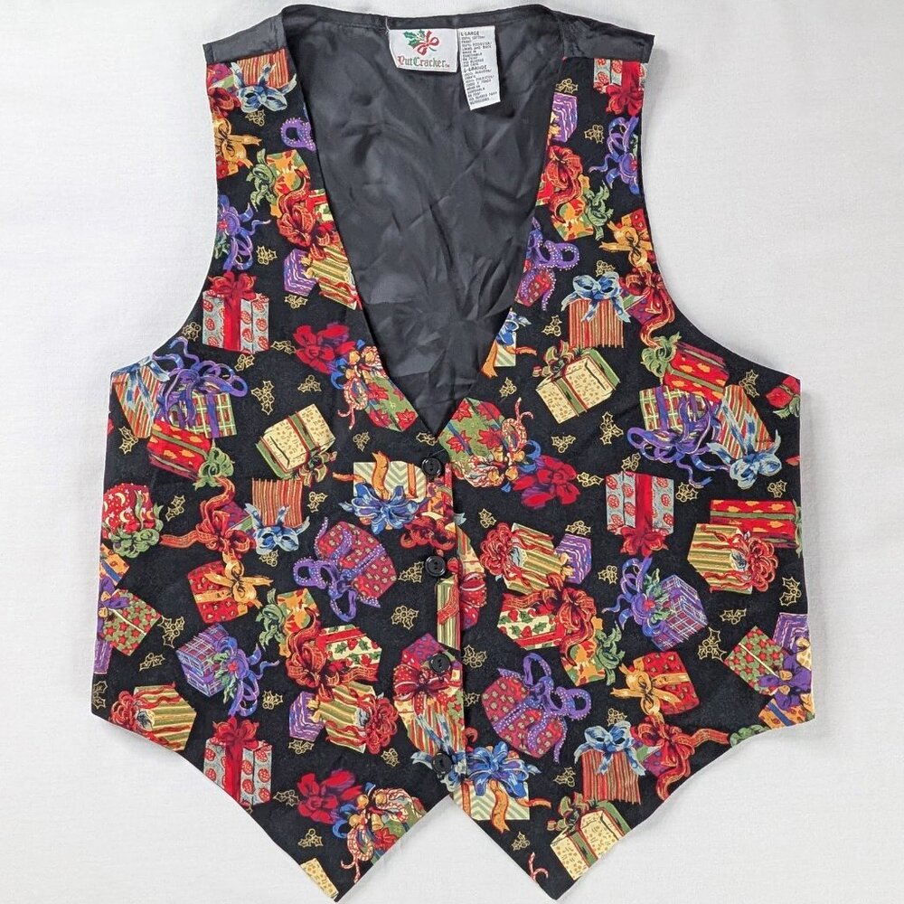 VTG Holiday Presents Red Gold Black Christmas Wrapped Presents Button Up Vest